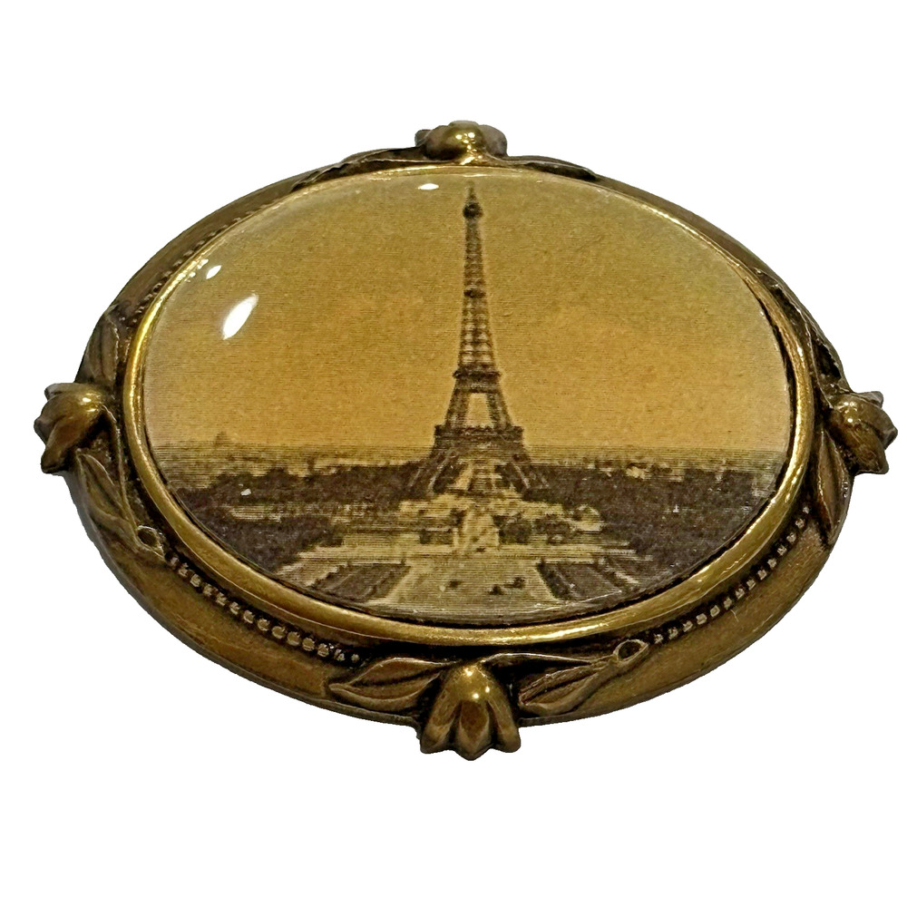 Vintage Two Women San Francisco Brooch Pin Eiffel Tower Paris Gold Brass Sepia